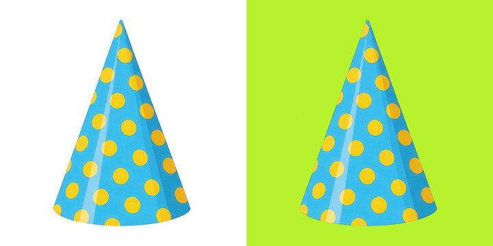 Blue polka dot party hat on background