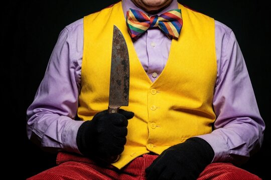 Man in yellow vest holds rusty knife. Colorful bow tie and purple shirt contrast with dark background. Red trousers complete unusual attire. Person poses ominously in studio.