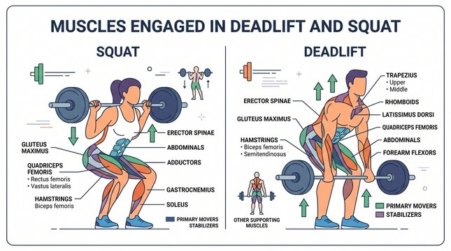 Anatomical diagram illustrates the primary and secondary muscles engaged during squat and deadlift exercises, featuring detailed labels on male and female figures.