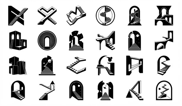 Retro Geometric Stairway Ladder Cosmic Portal Black Monochrome Vector Set