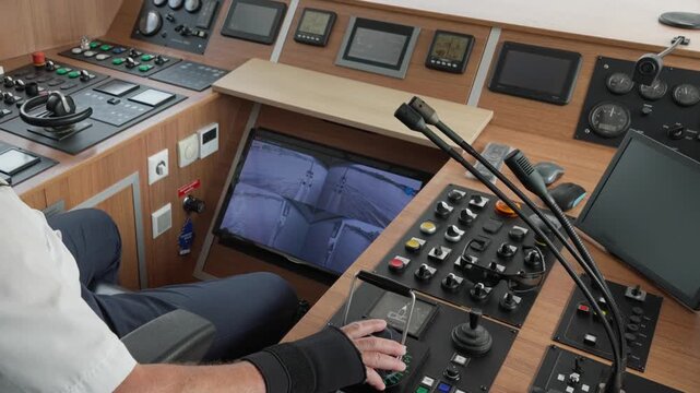 Ship captain operates bridge controls and steering console during vessel maneuvering. CCTV monitor and navigation screens guide boat pilot in harbor. Professional maritime crew workplace.