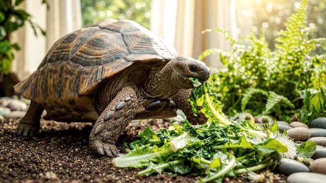 Large tortoise eating fresh green leafy vegetables on soil outdoors in sunlight