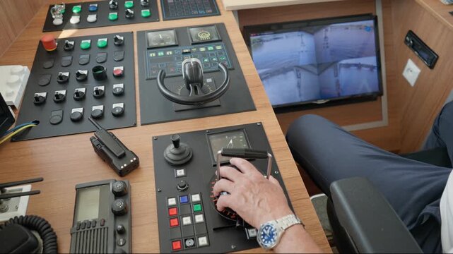Ship captain operates engine throttle lever and bridge steering console during vessel maneuvering. A live CCTV monitor guides nautical navigation. Professional maritime boat crew workspace.