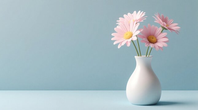 Three pink daisies in a white vase rest on a light blue surface against a soft blue backdrop. Minimalist composition with pastel colors offers ample copyspace for text, perfect for gentle themes.