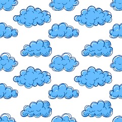 Obraz premium Repeating seamless pattern of fluffy blue clouds on a white background
