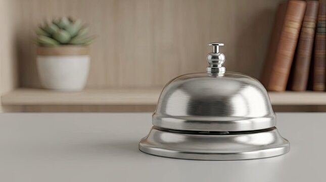 Chrome call bell on office desk with blurred background.