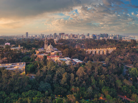 Aerial view of Balboa Park with the California Tower, Cabrillo Bridge, lush greenery, and the San Diego skyline in the background in San Diego, California, United States.