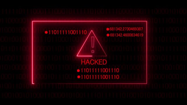 Cyber security alert: hacked system warning with red binary code background, for data breach, and digital threat concepts