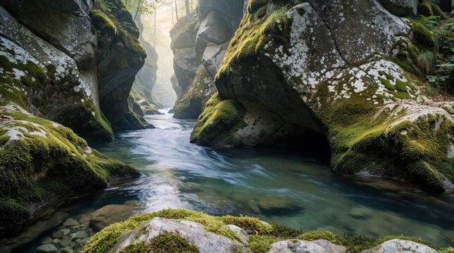 Clear river flows through narrow rocky canyon. Moss covered stones, big boulders line water path in deep gorge. Scenic nature landscape with flowing stream in wild forest. Calm water moves between