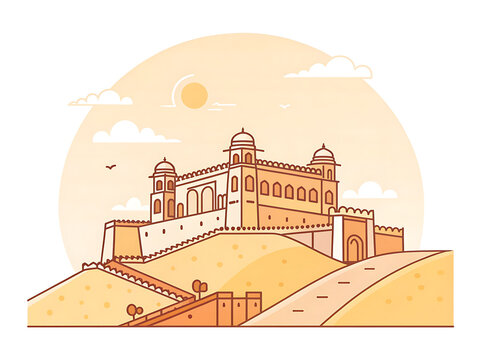 Flat vector illustration of Amber Fort atop a hilltop in Jaipur.