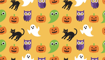 Fototapeta premium Spooky halloween seamless pattern includes black cats, purple owls, white and green ghosts, and orange jack-o-lantern pumpkins.