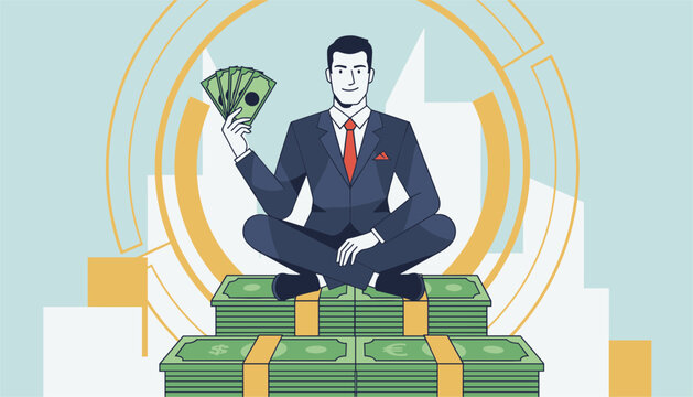 Businessman meditating while sitting in a lotus position on top of large stacks of green money bills.