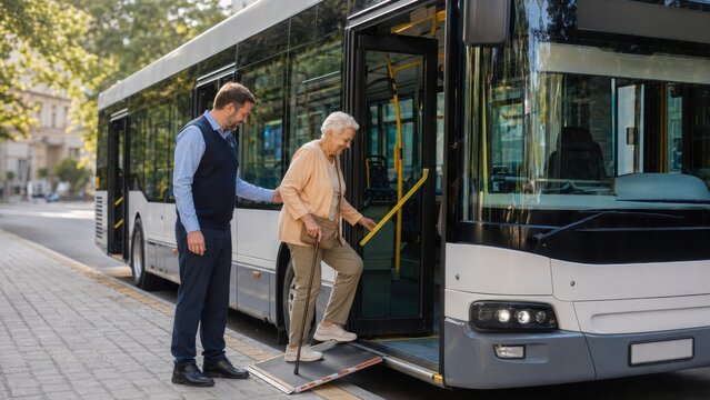 Elderly woman assisted by male bus driver using a wheelchair ramp to board a public transport bus on a city street with trees in the background