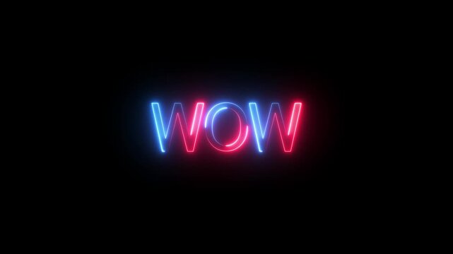Neon wow sign glowing animation with vibrant red and blue light effects on black background
