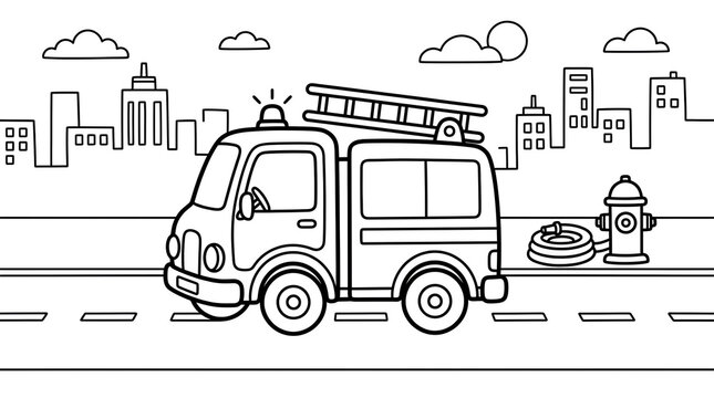 Fire Truck Coloring Page with City Background and Fire Hydrant