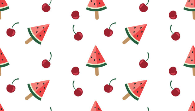 Refreshing summer pattern displays rows of watermelon popsicles on sticks mixed with whole red cherries on a white background.