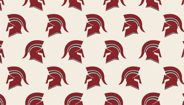 Powerful repetitive pattern showcases maroon spartan warrior helmets with feathered crests arranged on a light cream background.