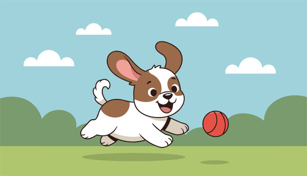 Energetic brown and white puppy runs happily across a green grassy field while chasing after a bouncing red rubber ball.