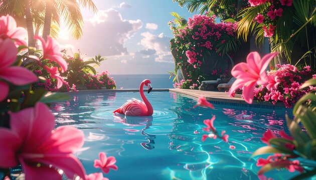 A pink flamingo floating on a flower decorated pool, tropical luxury vacation