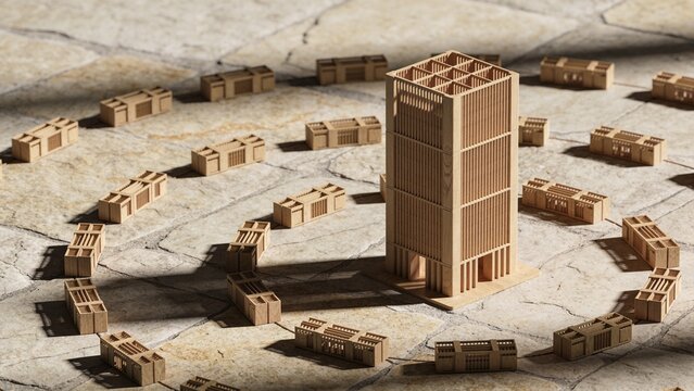 Miniature wooden model skyscraper surrounded by a ring of small architectural block structures with skyscraper architecture building structure miniature planning