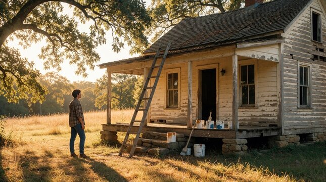 Man stands near dilapidated rural house with ladder and paint cans. Old home exterior needs repair and renovation. Rural house in overgrown yard.