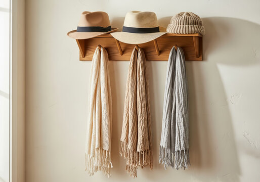 Wooden wall rack hanging scarves and straw hats in a bright neutral room.