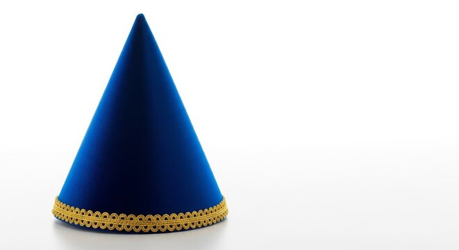 A luxurious blue velvet party hat featuring an elegant gold trim sits elegantly on a seamless white studio floor background for celebration, background, hat, decoration