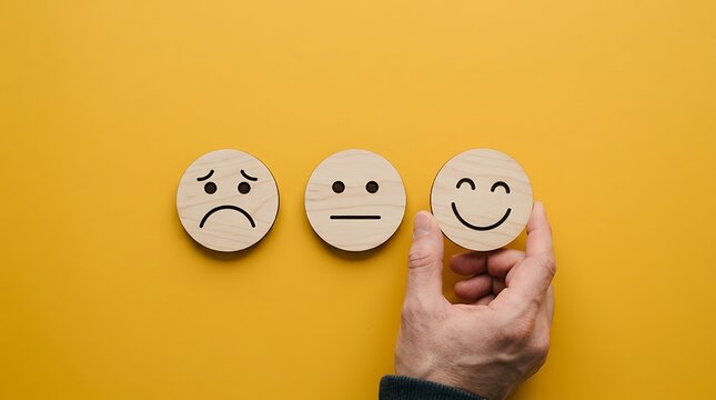 Hand selecting a happy face wooden disc for customer satisfaction survey feedback concept
