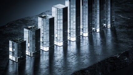 Naklejka premium Glass pillars or bar chart columns arranged in increasing height standing on a dark stone surface representing business growth and financial success with business