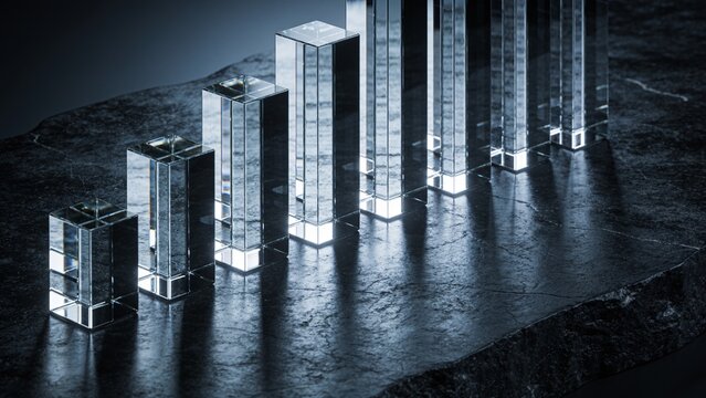 Glass pillars or bar chart columns arranged in increasing height standing on a dark stone surface representing business growth and financial success with business