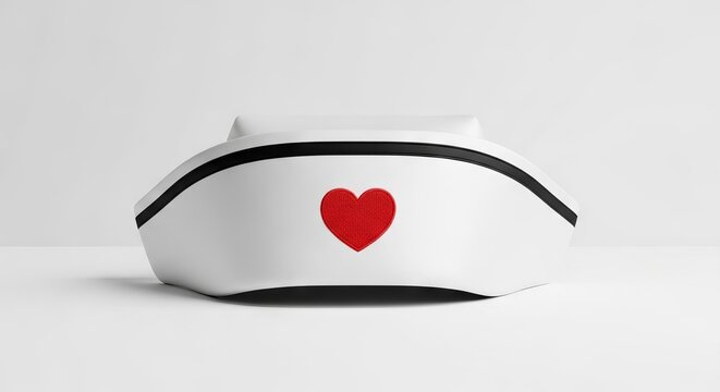 An elegant white satin nurse hat featuring a small red embroidered heart detail, isolated on a minimalist white background for clean style, heart, care, professional