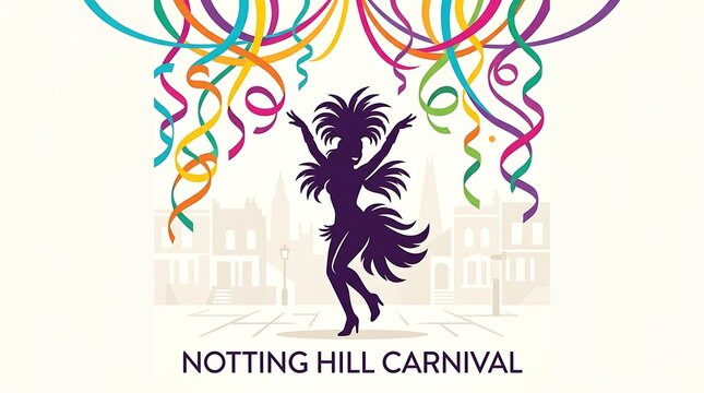 Carnival dancer silhouette beneath colorful streamers, minimal Notting Hill Carnival text