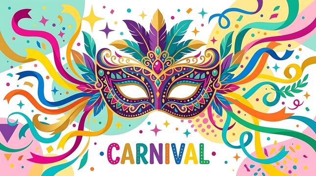 Carnival masquerade mask surrounded by colorful ribbons, minimal Carnival text