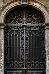 Obraz premium Ornate metal door with arched stone frame. Intricate scrollwork and vertical bars form this antique entrance. The aged facade suggests history and mystery for your design.