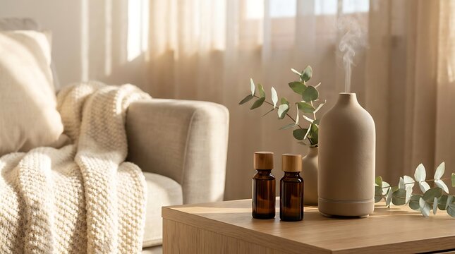Essential oil diffuser and small bottles on a wooden table in a bright cozy living room. aromatherapy duos