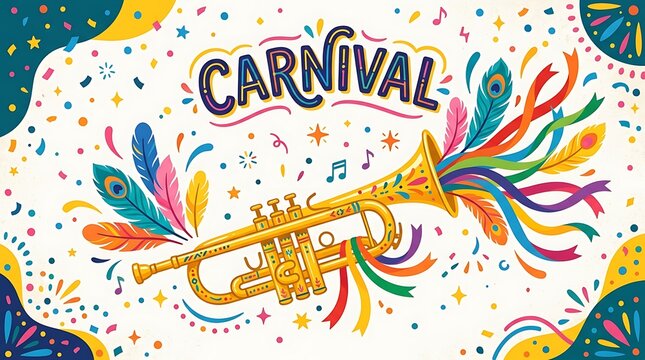 Minimal Carnival writing on a golden trumpet adorned with vibrant ribbons and feathers