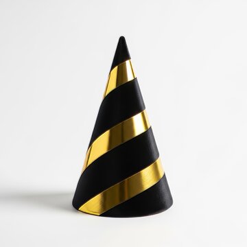 Luxurious matte charcoal black velvet cone party hat featuring sophisticated gold foil diagonal stripes isolated on a plain white surface, object, velvet, foil