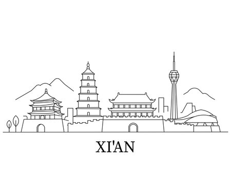 Linework silhouette of Xi'an's skyline