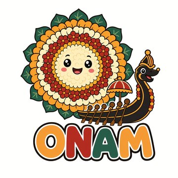 A colorful onam pookalam floral arrangement and snake boat illustration celebrates the harvest festival with a whimsical style autumnal celebration culture design