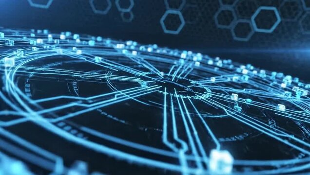 Digital blockchain network with glowing blue data cubes and circular connection lines