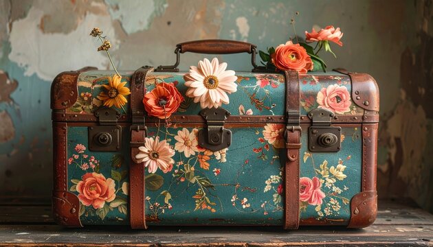 A vintage suitcase decorated with flowers, travel adventure aesthetic