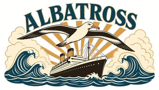 An albatross flies above an ocean liner amidst stylized waves presented as a vintage style vector illustration seabird oceanliner ship vessel maritime