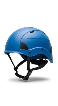 Durable blue matte rescue helmet with an adjustable chin strap, designed for emergency response, isolated against a clean white background, response, sturdy, blue