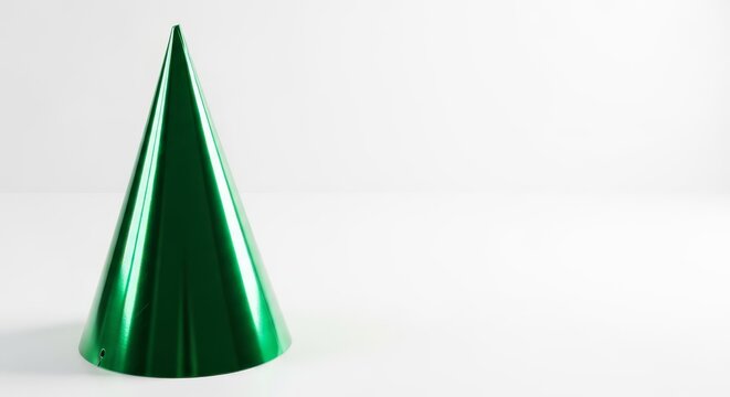 A shiny metallic emerald green cone party hat sits elegantly on a white studio floor, featuring reflective accents and a glossy finish, luxury, decorative, anniversary