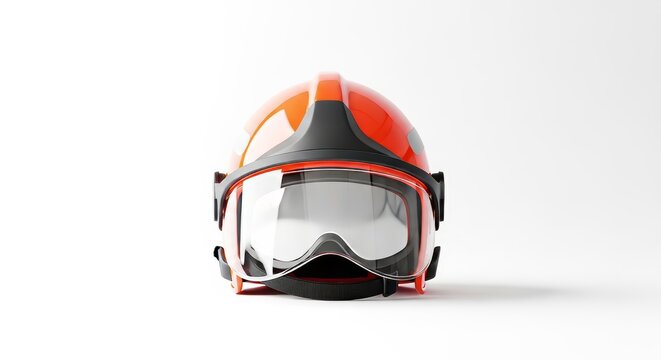 Vibrant orange firefighter rescue helmet with a clear protective face shield and chin strap, perfectly isolated on a solid white background, tough, white, work