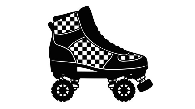 Vintage roller skate vector illustration with black and white checkerboard pattern on isolated white background