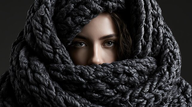 Prompt: A powerful textural fashion portrait. A model is completely enveloped from head to waist in a colossal, chunky-knit scarf made of raw charcoal wool yarn. Shot on Phase One XF IQ4, f/8.0. 