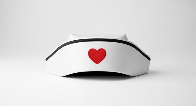 An elegant white satin nurse hat featuring a small red embroidered heart detail, isolated on a minimalist white background for clean style, white, medicine, heart