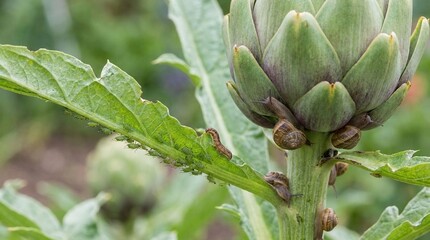 Fototapeta premium Close up of green artichoke plant, small snails crawling on leaf and stem, garden pest infestation, agricultural nature shot