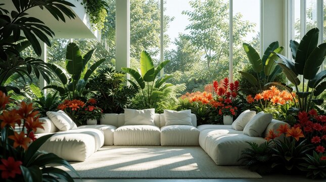 Modern minimalist living room features plush white sectional sofa surrounded by rich tropical plants, vibrant orange, red flowers. Large windows offer serene garden views. Bright natural sunlight